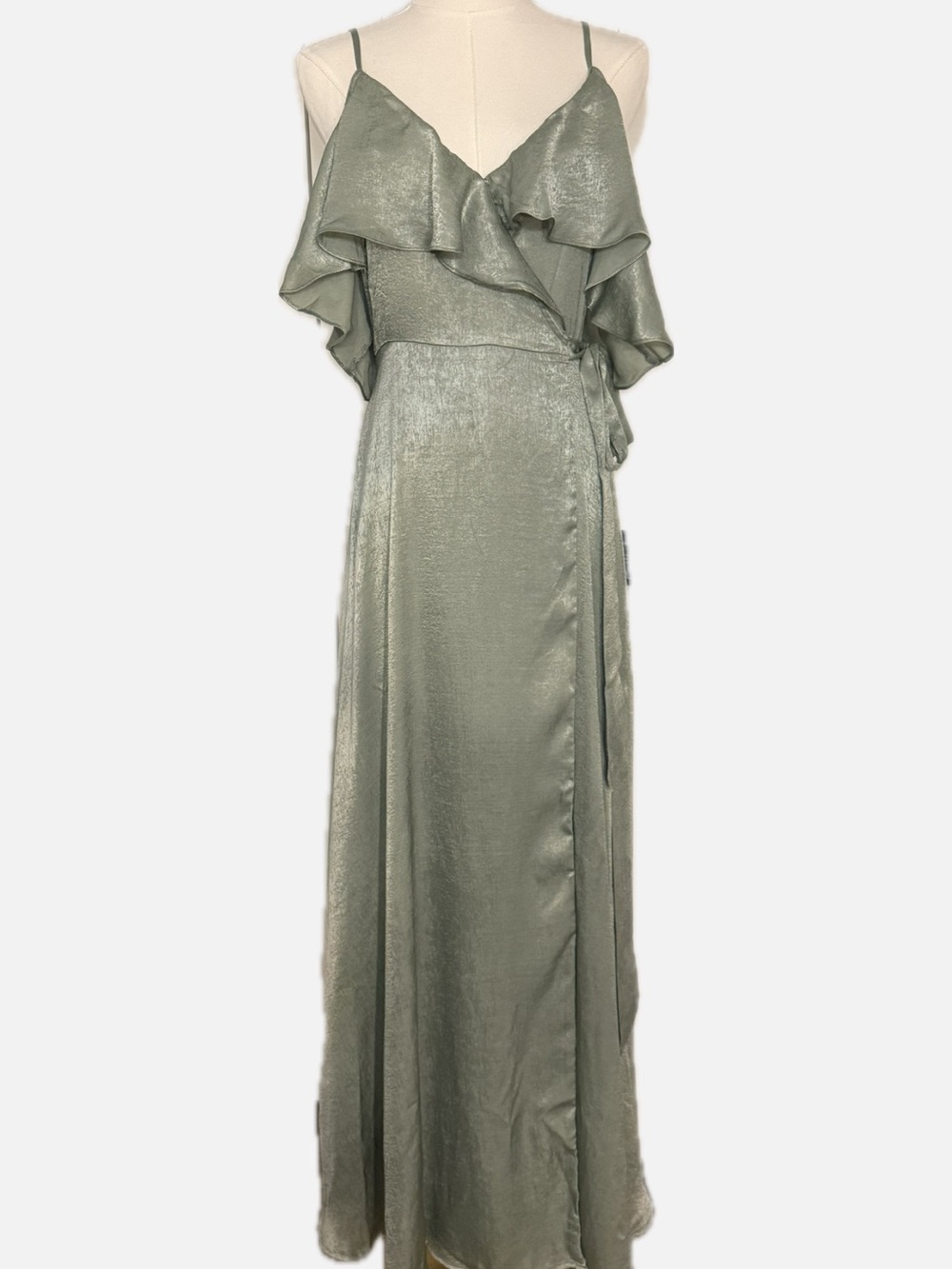 Lulu's Sage Green Satin Ruffle Wrap Maxi Dress